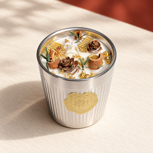 Cinnamon candle with gold details and botanical decoration