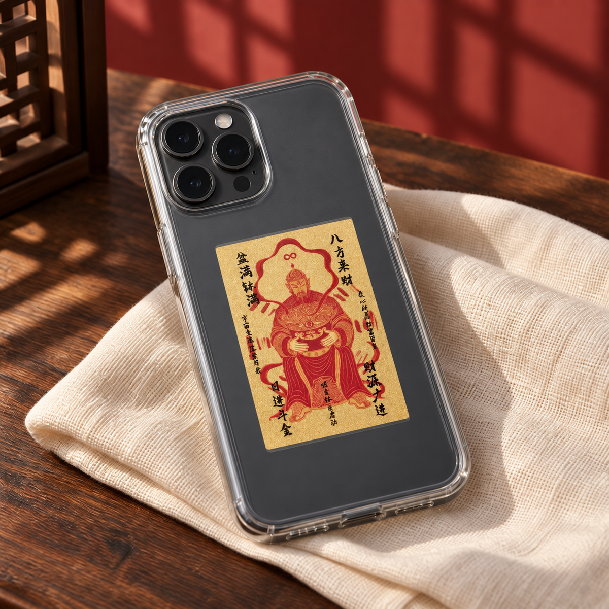 Chinese Wealth Deity card placed inside a clear phone case