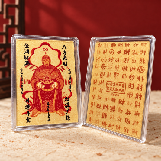 Chinese Wealth Deity phone card shown front and back