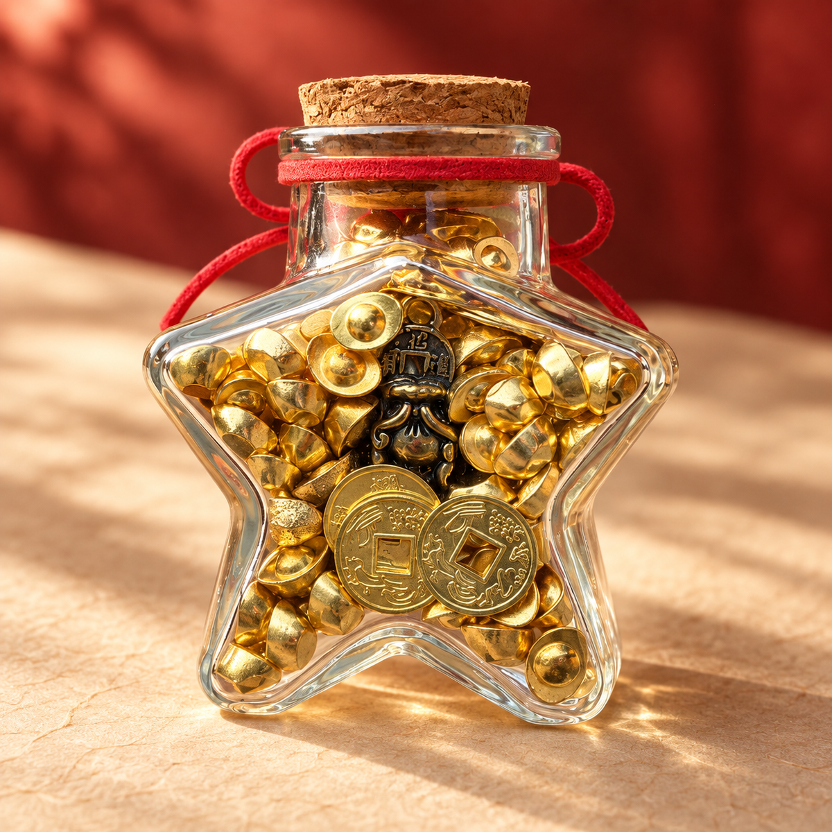 Close view of gold miniatures inside star-shaped glass bottle