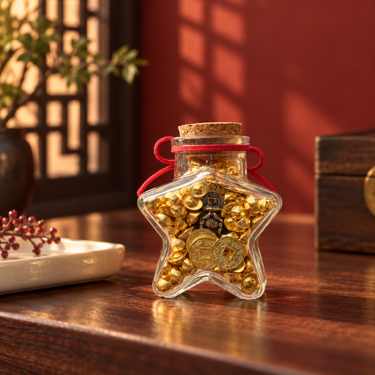 Star-shaped abundance bottle displayed on a wooden table