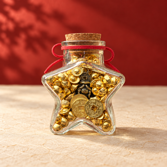 Star-shaped glass abundance bottle with gold miniatures